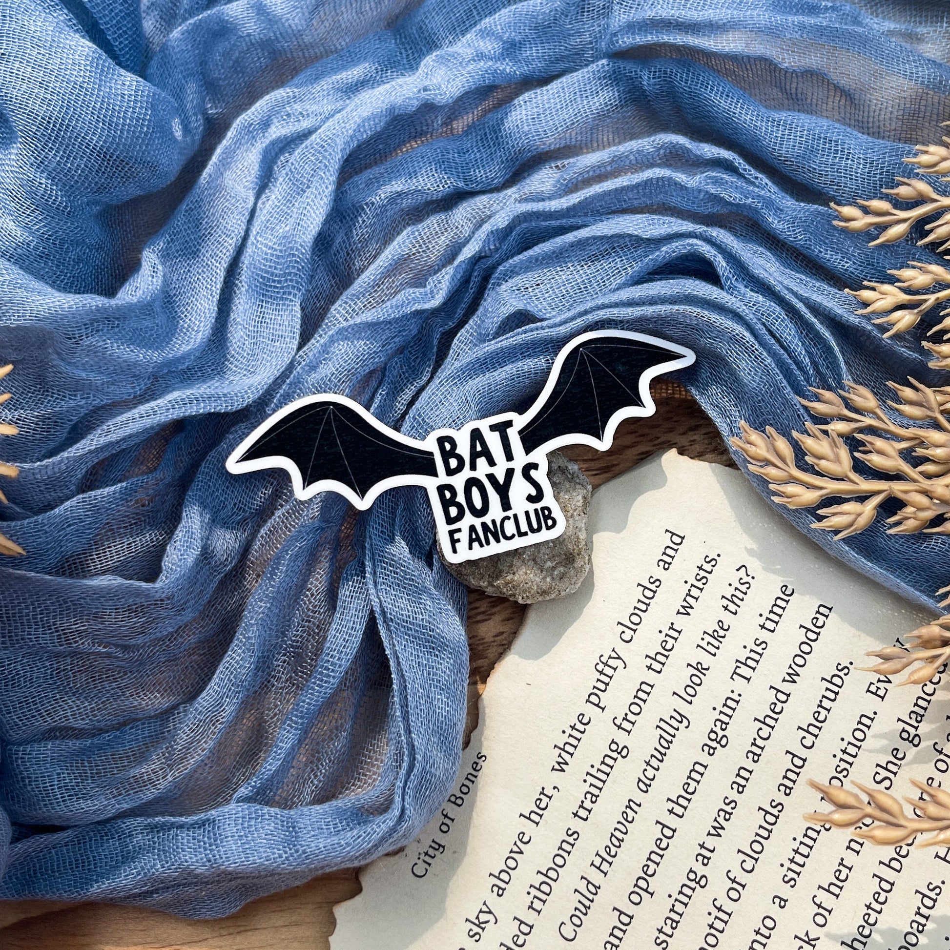 A small ACOTAR inspired sticker with a white background. "Bat Boys Fanclub" is written in the middle in black, bold text with black bat wings on either side.