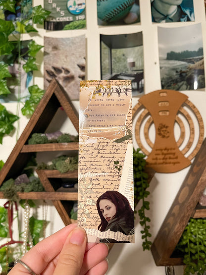 Twilight Inspired collage bookmark of Bella Swan with a scrapbook aesthetic. Includes the quote "I'd never given much thought to how I would die. But dying in place of someone I love, seems like a good way to go”. 