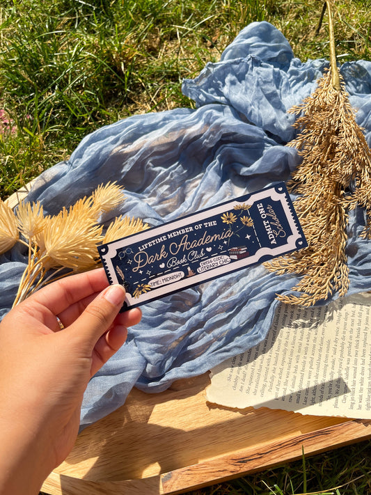 Dark blue dark academia bookmark. This is designed as an entry ticket with the words "lifetime member of the dark academia book club" made for booktok and bookstagram.