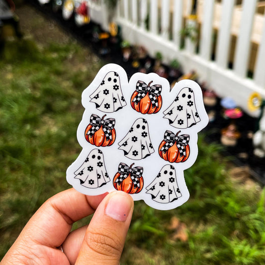 Aesthetic Fall Pattern Sticker of ghosts with flowers and pumpkins with bows