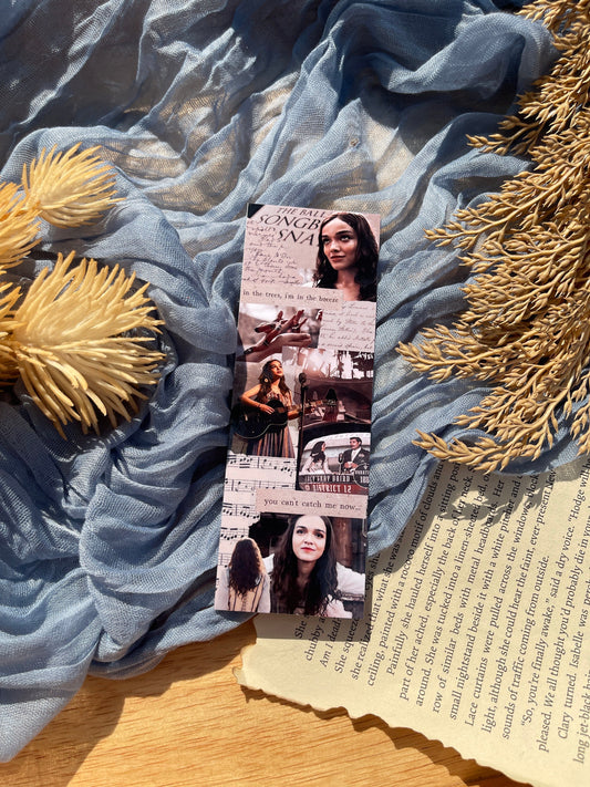 A rectangular collage bookmark inspired by the Hunger Games, Lucy Gray Baird, and the Ballad of Songbirds and Snakes.