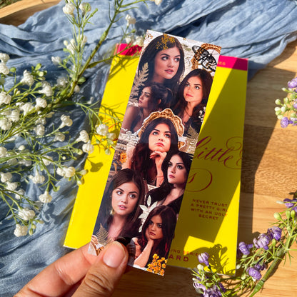 A Pretty Little Liars inspired PLL bookmark with a collage of the character Aria Montgomery.